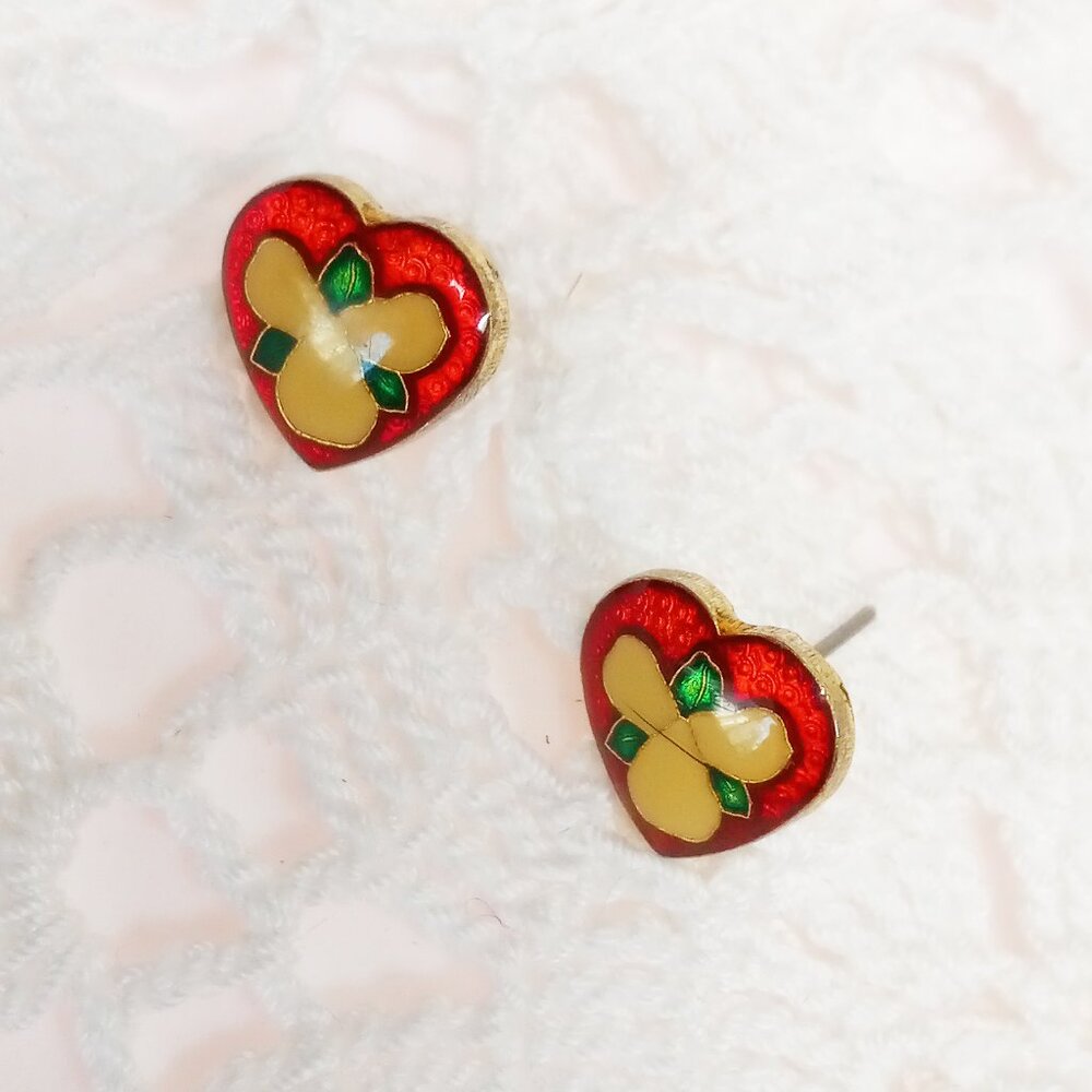 Cute Dainty Vintage Cloisonne Heart Earrings Posts